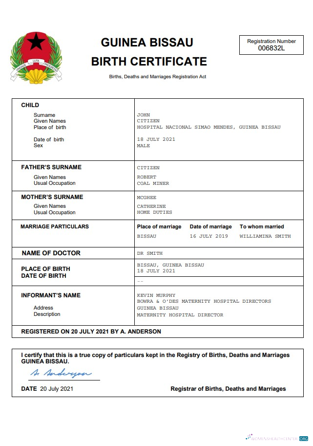 Download Guinea Bissau birth certificate Photoshop template